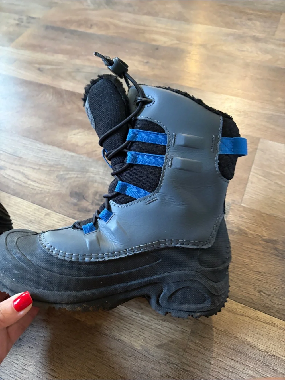Columbia Kids Grey and Black Snow Boots with Blue Accents